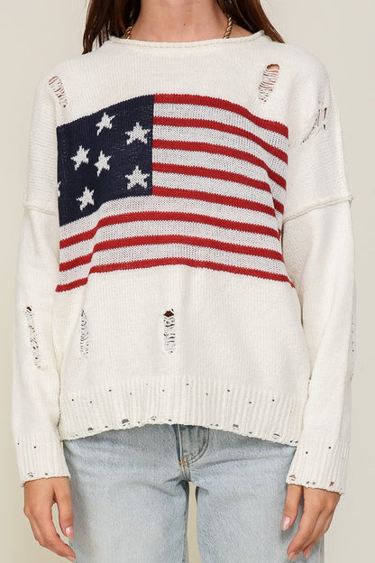 Distressed USA Logo Sweater-Teresa&#39;s Fashionista LLC