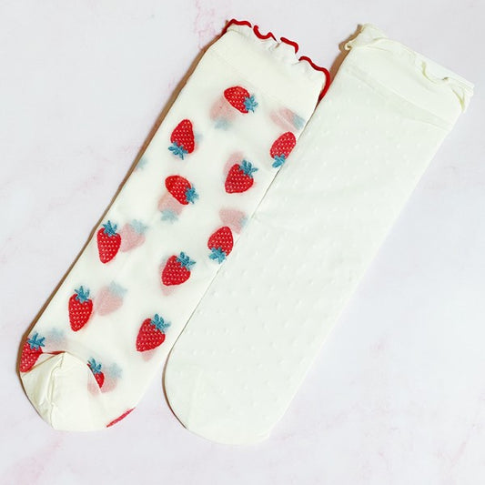 Dots And Strawberries Sheer Socks Set Of 2 Pairs-Teresa&#39;s Fashionista LLC