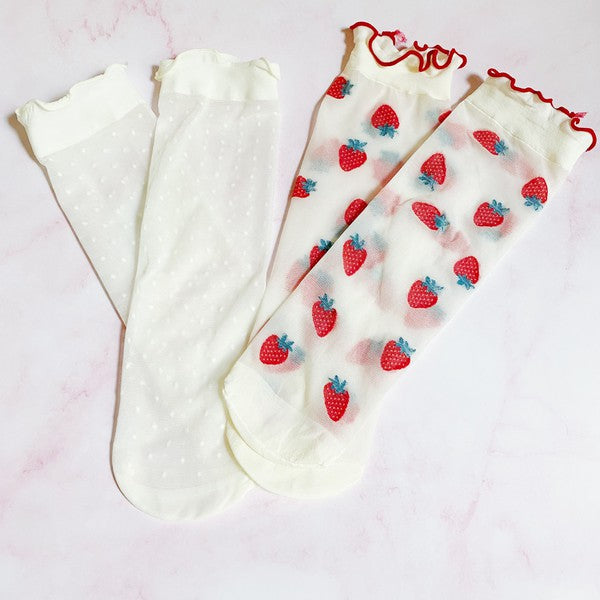 Dots And Strawberries Sheer Socks Set Of 2 Pairs-Teresa&#39;s Fashionista LLC