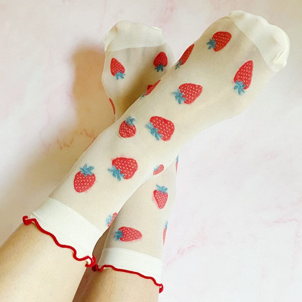 Dots And Strawberries Sheer Socks Set Of 2 Pairs-Teresa&#39;s Fashionista LLC