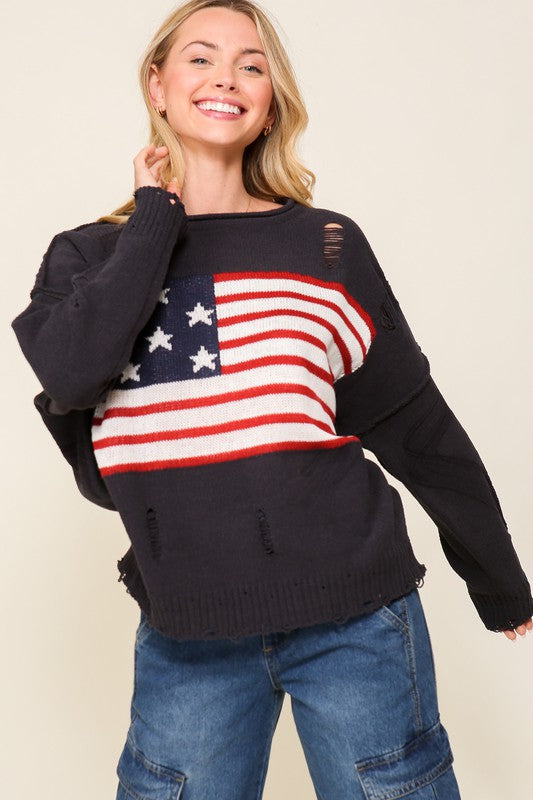 Distressed USA Logo Sweater-Teresa&#39;s Fashionista LLC