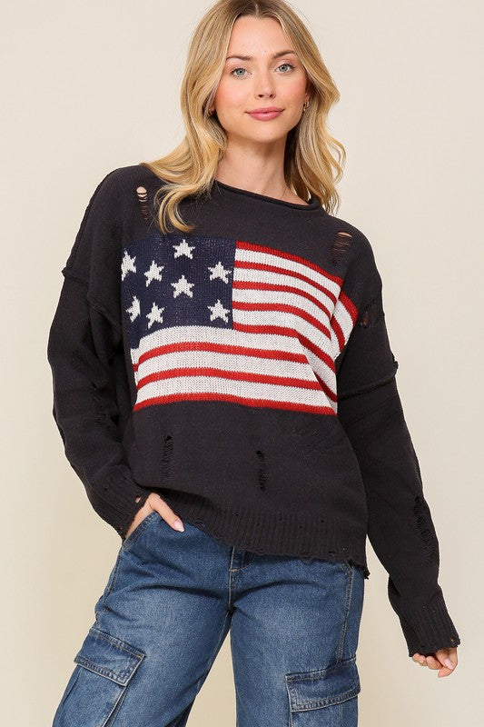 Distressed USA Logo Sweater-Teresa&#39;s Fashionista LLC