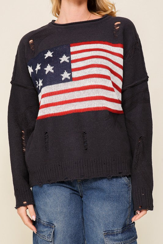 Distressed USA Logo Sweater-Teresa&#39;s Fashionista LLC