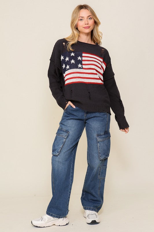 Distressed USA Logo Sweater-Teresa&#39;s Fashionista LLC