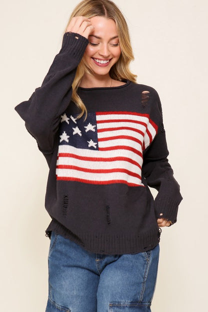 Distressed USA Logo Sweater-Teresa&#39;s Fashionista LLC