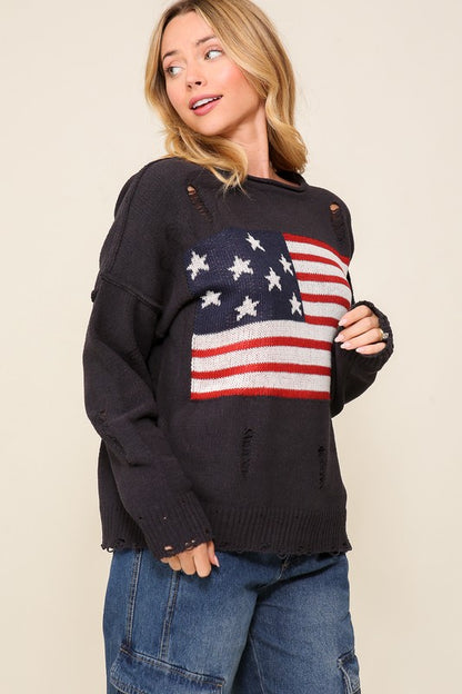 Distressed USA Logo Sweater-Teresa&#39;s Fashionista LLC