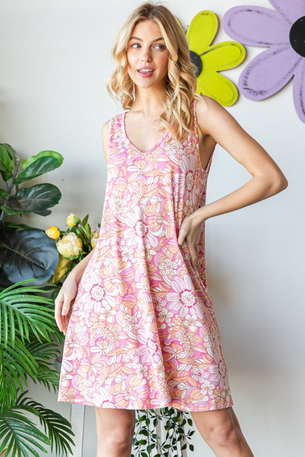 Heimish Full Size Floral V-Neck Tank Dress with Pockets-Teresa&#39;s Fashionista LLC