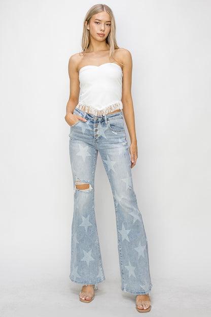 RISEN Mid Rise Button Fly Start Print Flare Jeans-Teresa&#39;s Fashionista LLC