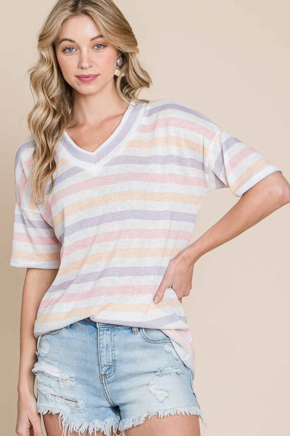 BOMBOM Striped V-Neck Short Sleeve T-Shirt-Teresa&#39;s Fashionista LLC