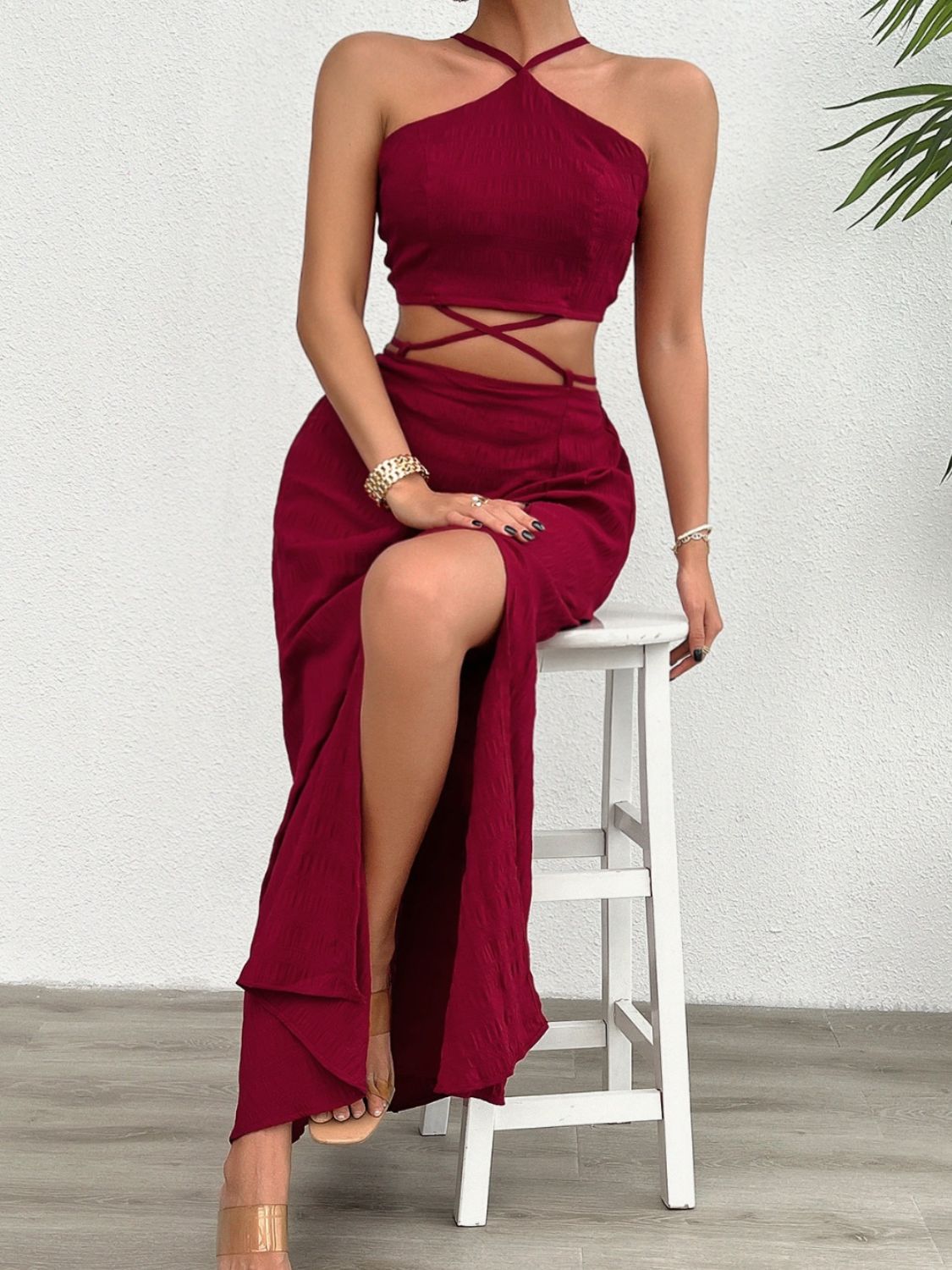 Grecian Neck Top and Slit Skirt Set-Teresa&#39;s Fashionista LLC