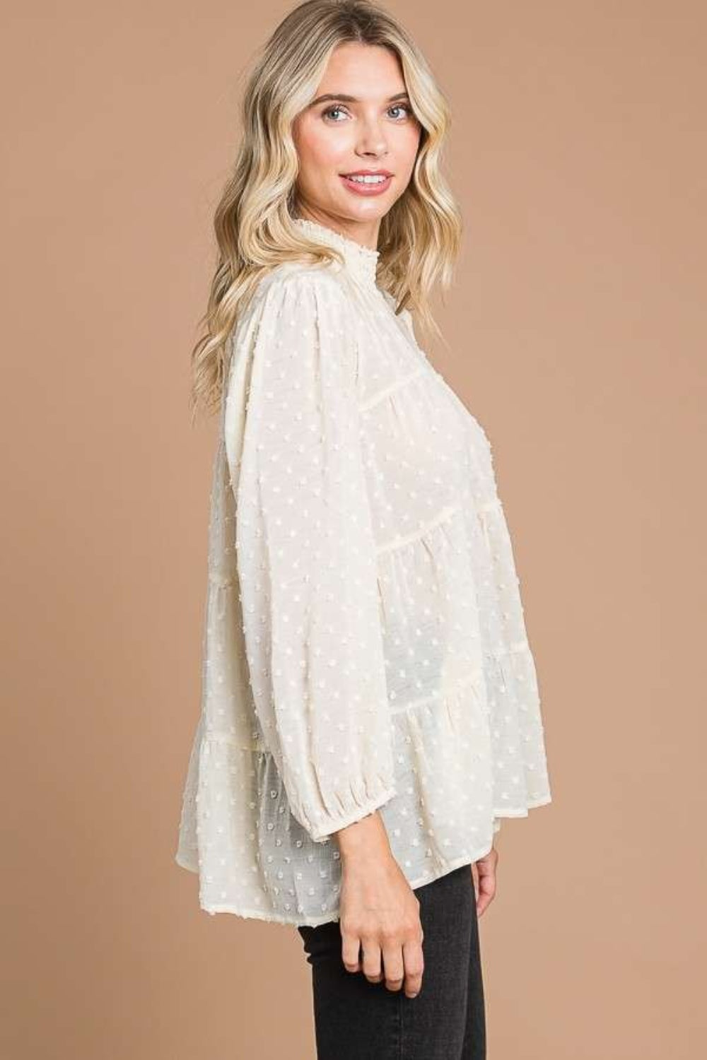 Culture Code Full Size Swiss Dot Smocked Mock Neck Blouse-Teresa&#39;s Fashionista LLC