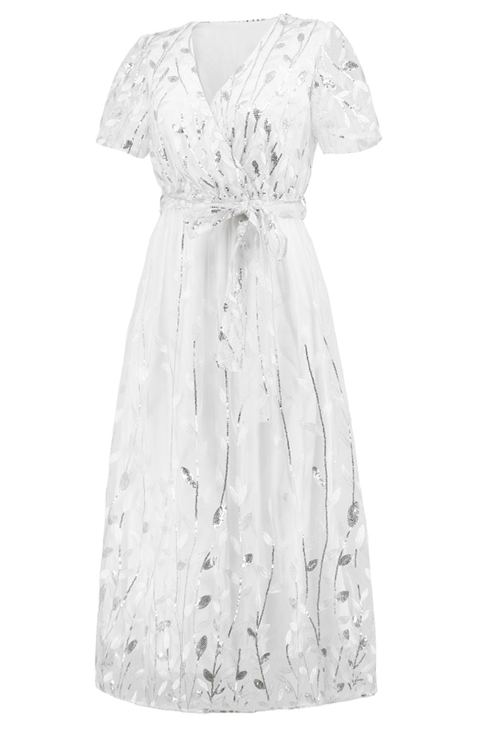 Sequin Leaf Embroidery Tie Front Short Sleeve Dress-Teresa&#39;s Fashionista LLC