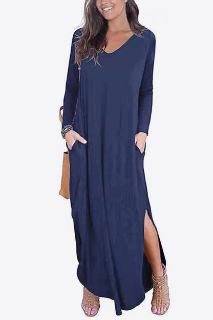 Split Long Sleeve V-Neck Maxi Dress-Teresa&#39;s Fashionista LLC