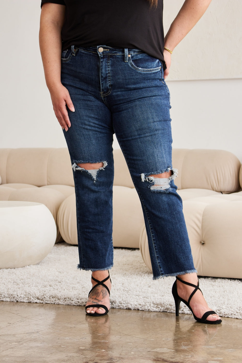 RFM Crop Dylan Full Size Tummy Control Distressed High Waist Raw Hem Jeans-Teresa&#39;s Fashionista LLC