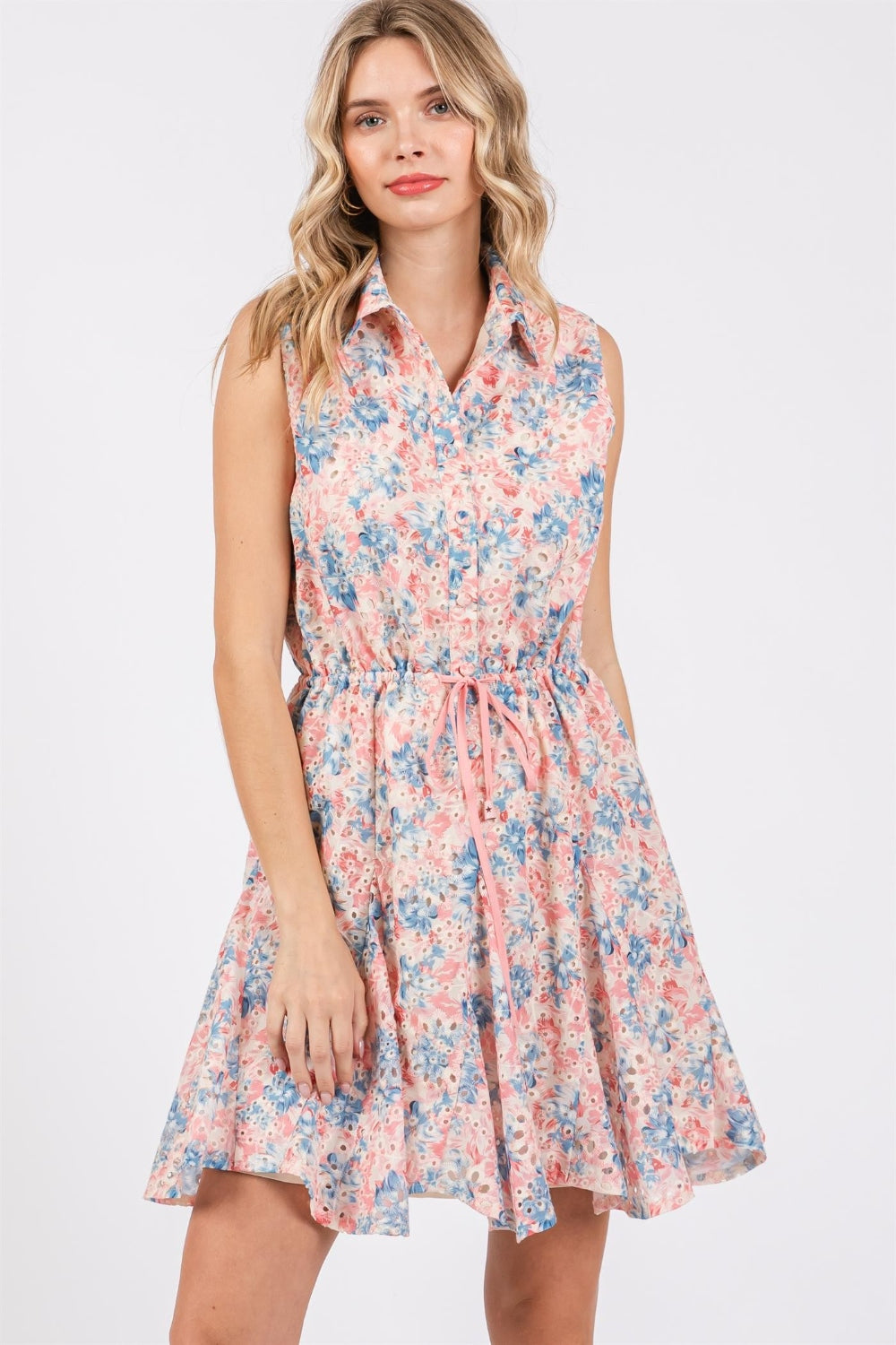 GeeGee Full Size Floral Eyelet Sleeveless Mini Dress-Teresa&#39;s Fashionista LLC