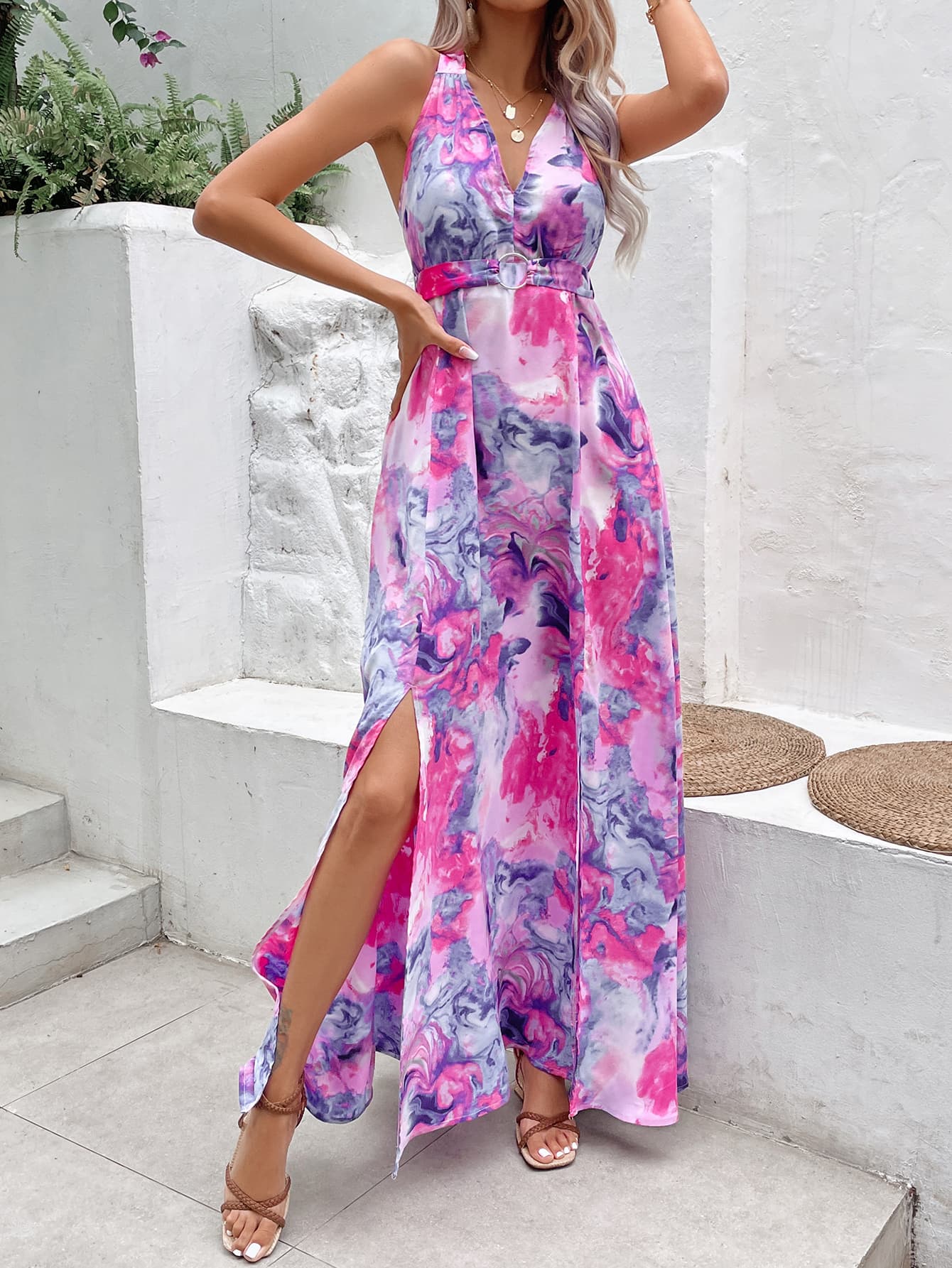 Printed Open Back Slit Sleeveless Dress-Teresa&#39;s Fashionista LLC