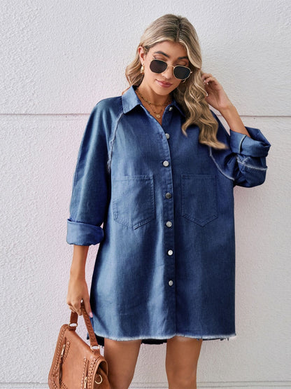 Raw Hem Button Up Denim Dress-Teresa&#39;s Fashionista LLC