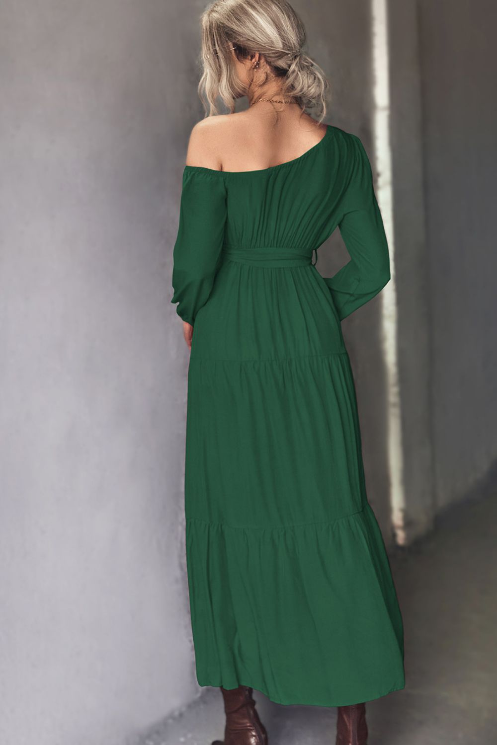 Belted One-Shoulder Tiered Maxi Dress-Teresa&#39;s Fashionista LLC