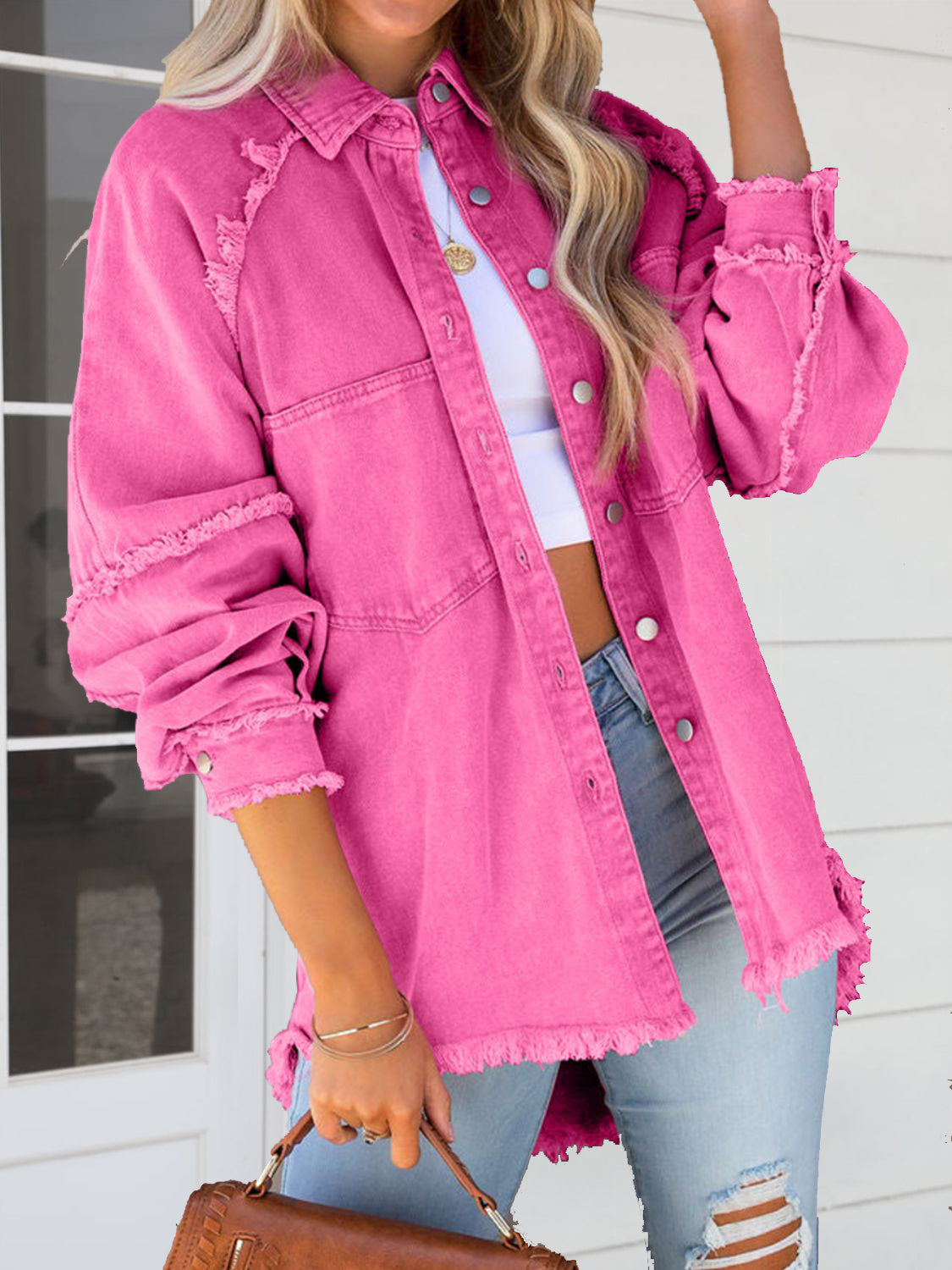 Button Down Raw Hem Denim Jacket-Teresa&#39;s Fashionista LLC