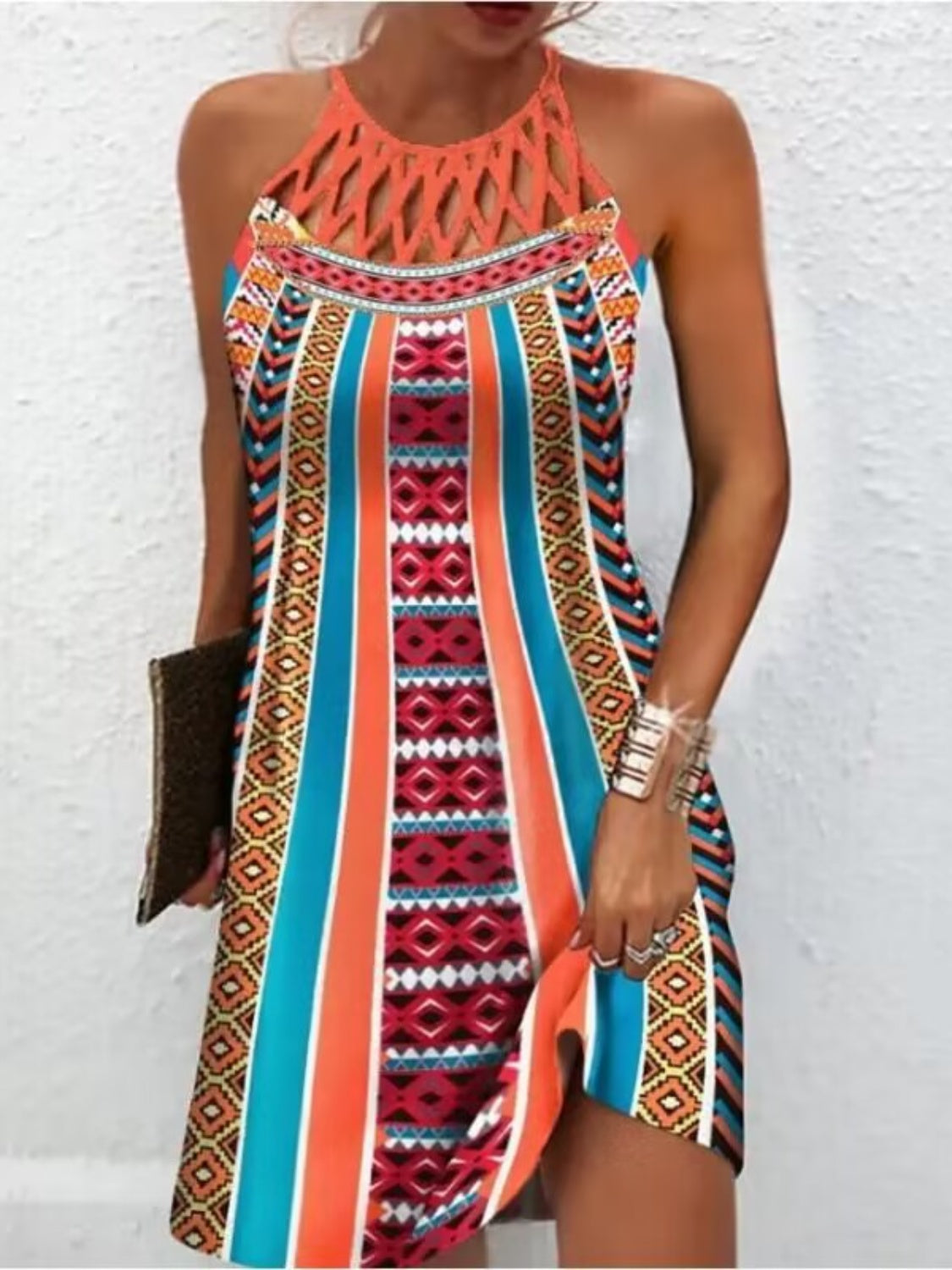 Printed Grecian Neck Mini Dress-Teresa&#39;s Fashionista LLC