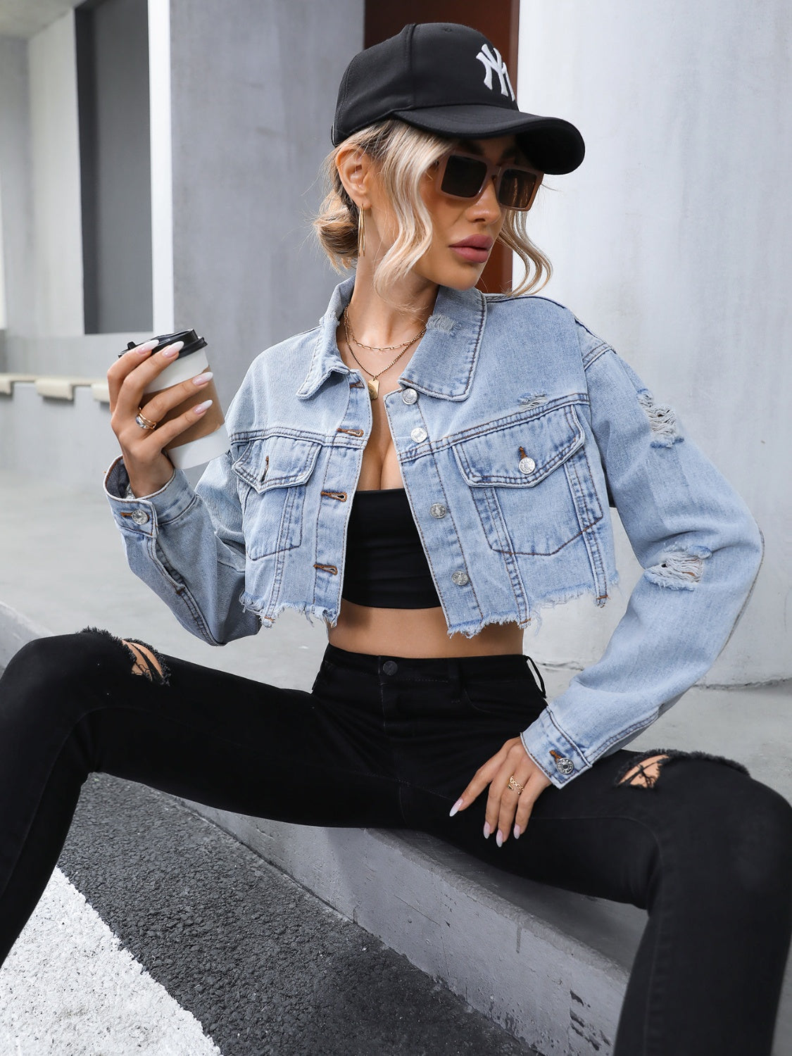 Distressed Raw Hem Cropped Denim Jacket-Teresa&#39;s Fashionista LLC