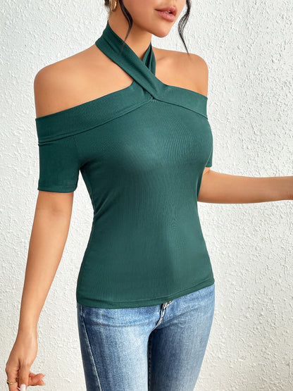 Halter Neck Short Sleeve T-Shirt-Teresa&#39;s Fashionista LLC