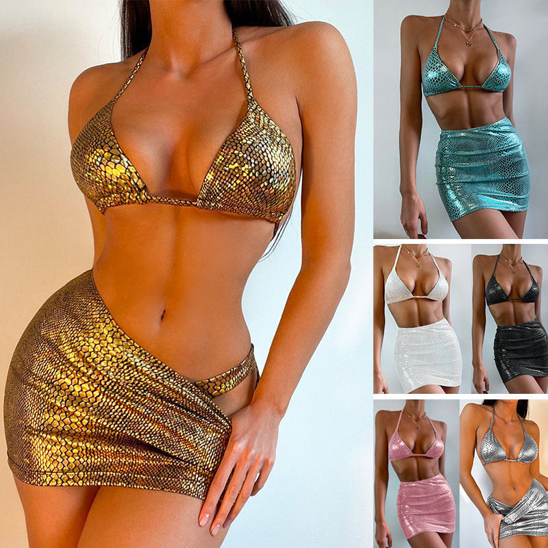 Women's 3 Piece Bathing Suits Halter Snake Pattern Bikini Set With Cover Up Skirt Summer Swimsuit-Teresa&#39;s Fashionista LLC