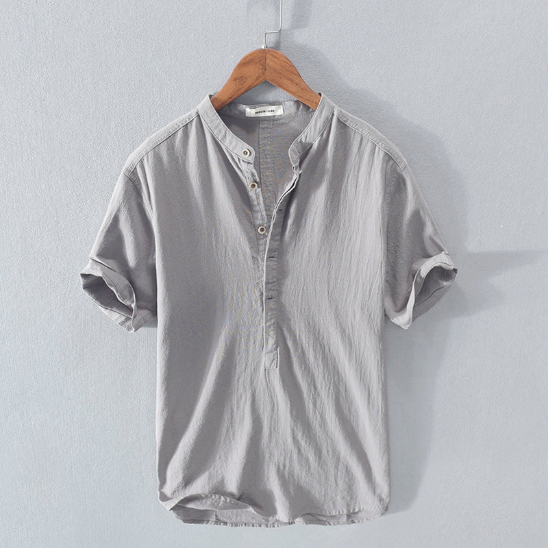 Men's Stand Collar Japanese Ice Silk Linen Short Sleeve T-shirt-Teresa&#39;s Fashionista LLC