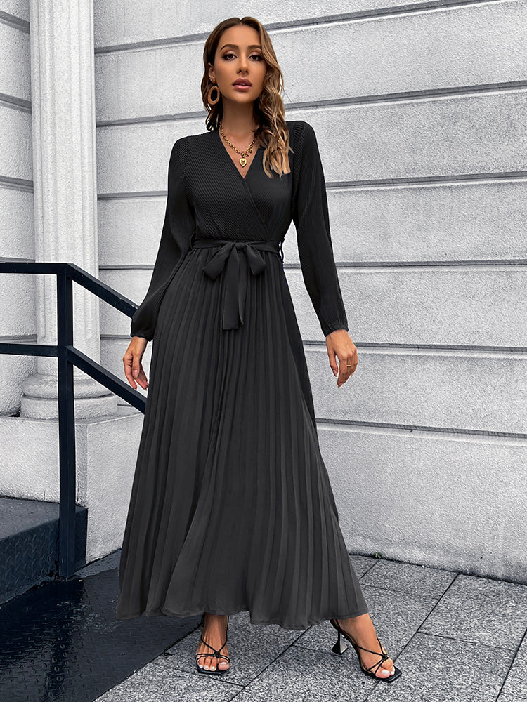 V-Neck Tie Waist Pleated Maxi Dress-Teresa&#39;s Fashionista LLC