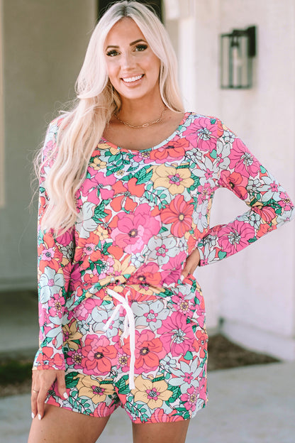 Floral Round Neck Top and Drawstring Shorts Set-Teresa&#39;s Fashionista LLC