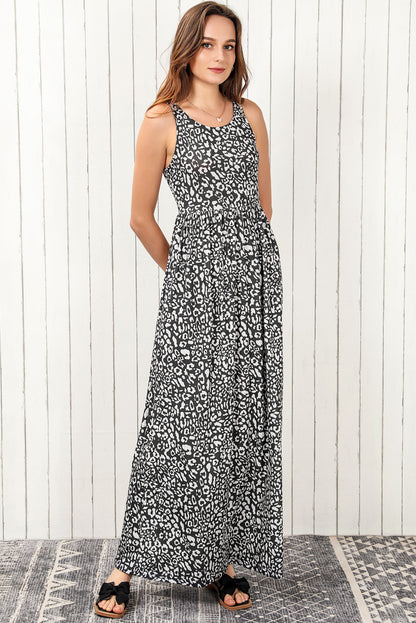 Leopard Round Neck Sleeveless Maxi Dress-Teresa&#39;s Fashionista LLC