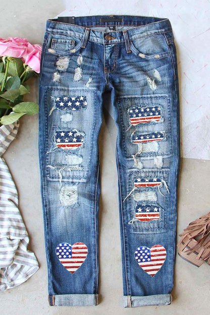 US Flag Distressed Straight Jeans-Teresa&#39;s Fashionista LLC