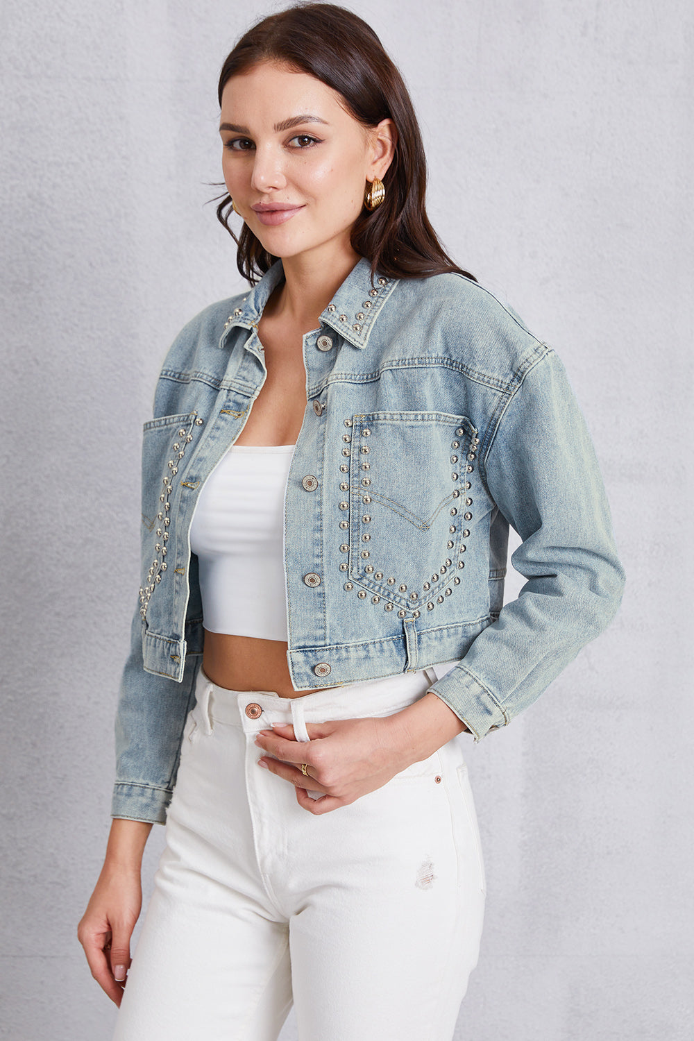 Studded Dropped Shoulder Denim Jacket-Teresa&#39;s Fashionista LLC