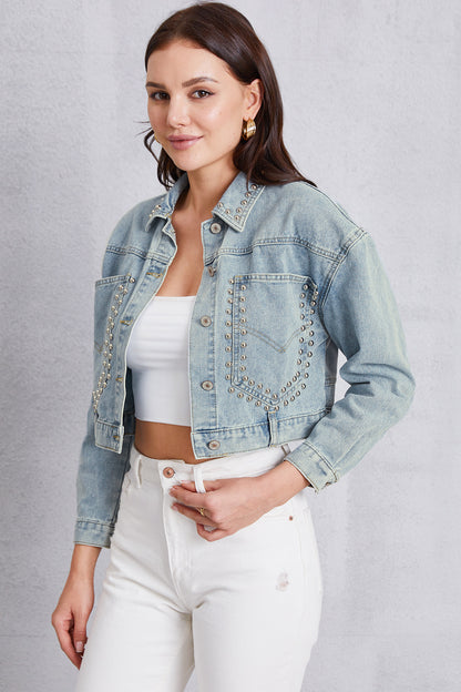 Studded Dropped Shoulder Denim Jacket-Teresa&#39;s Fashionista LLC