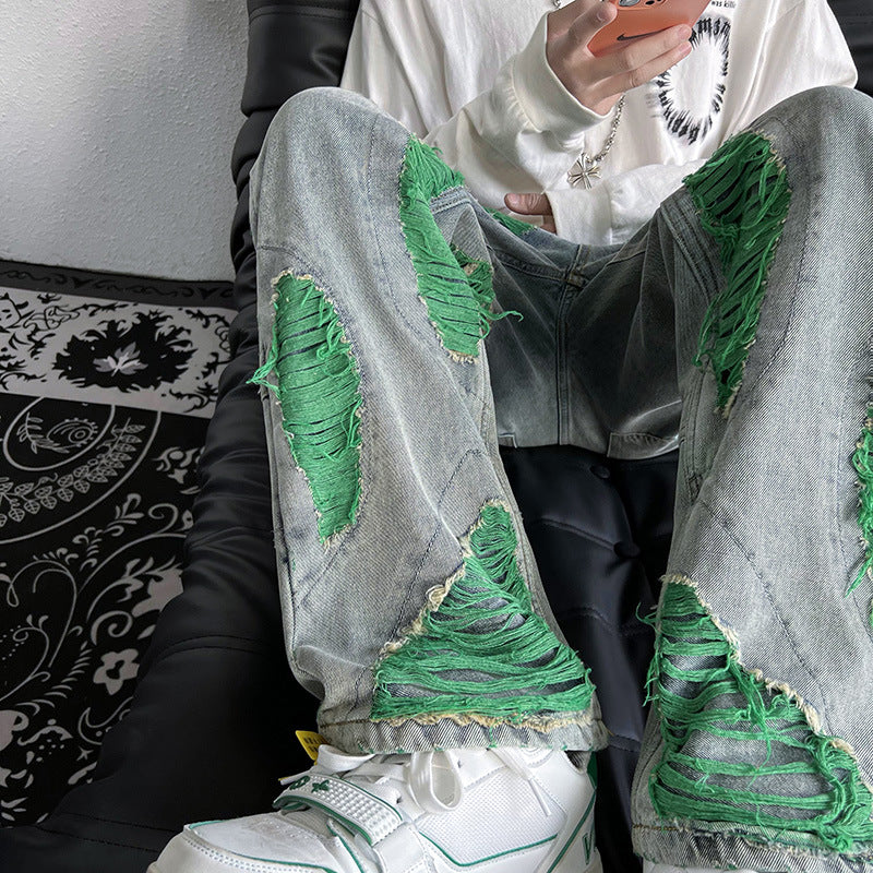 Green Ripped Jeans For Men Raw Embroidery-Teresa&#39;s Fashionista LLC