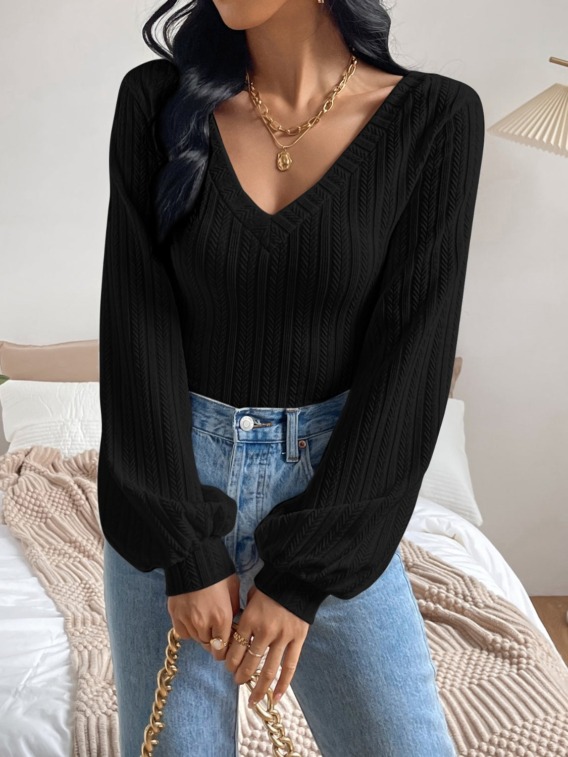 V-Neck Long Sleeve T-Shirt-Teresa&#39;s Fashionista LLC