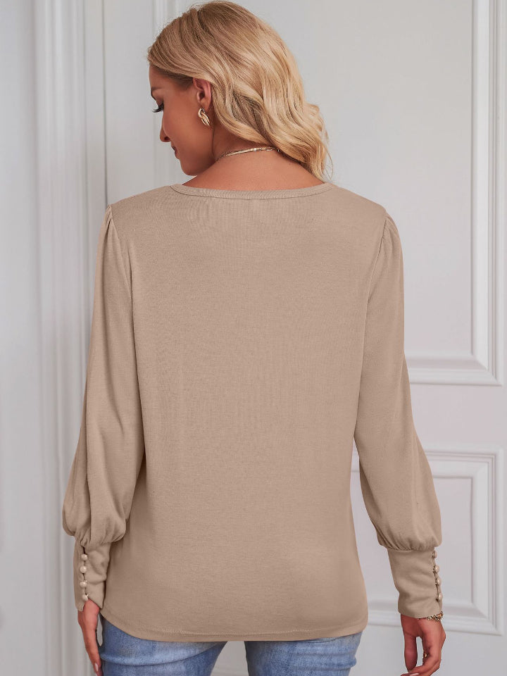 Round Neck Lantern Sleeve Blouse-Teresa&#39;s Fashionista LLC