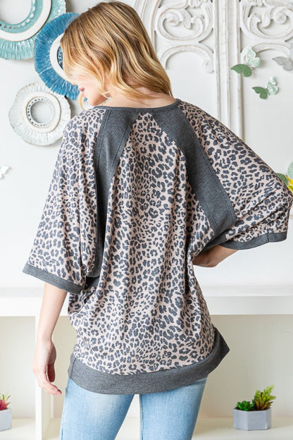 Heimish Full Size Leopard Contrast V-Neck Half Sleeve T-Shirt-Teresa&#39;s Fashionista LLC