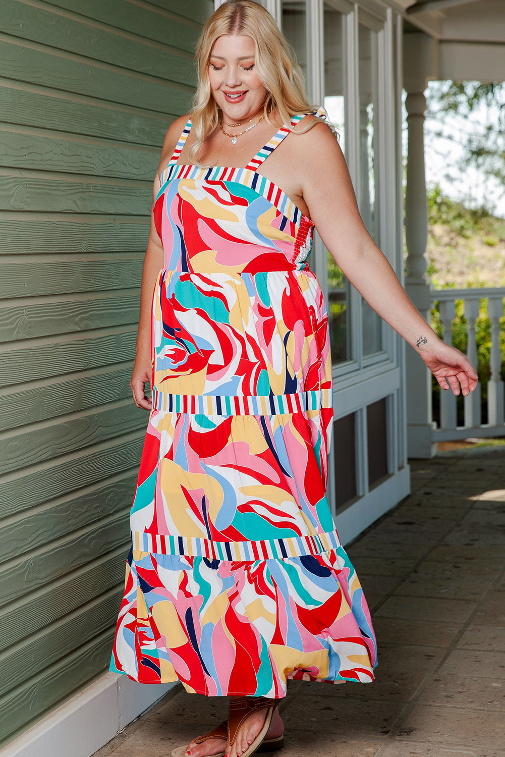 Plus Size Printed Tie Straps Straight Neck Maxi Dress-Teresa&#39;s Fashionista LLC