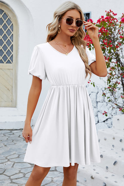 V-Neck Balloon Short Sleeve Dress-Teresa&#39;s Fashionista LLC