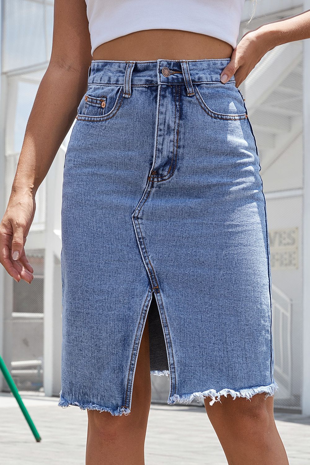 Buttoned Slit Denim Skirt-Teresa&#39;s Fashionista LLC