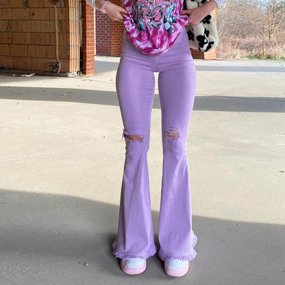 Colored Stretch Denim Trousers With Ripped Frayed Flared Trousers-Teresa&#39;s Fashionista LLC