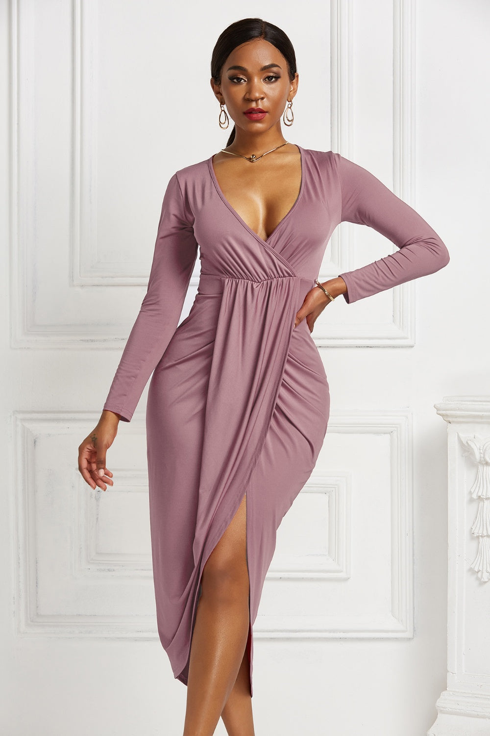 High-low Ruched Surplice Long Sleeve Dress-Teresa&#39;s Fashionista LLC