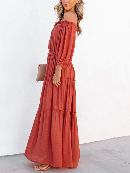 Ruffle Trim Off Shoulder Long Sleeve Maxi Dress-Teresa&#39;s Fashionista LLC