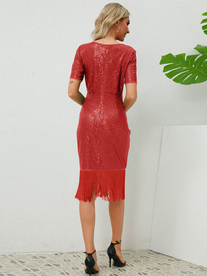 Tassel Sequin Short Sleeve Dress-Teresa&#39;s Fashionista LLC