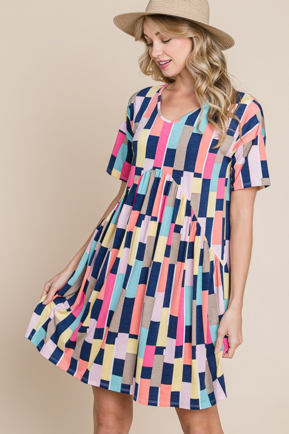 BOMBOM Ruched Color Block Short Sleeve Mini Dress-Teresa&#39;s Fashionista LLC