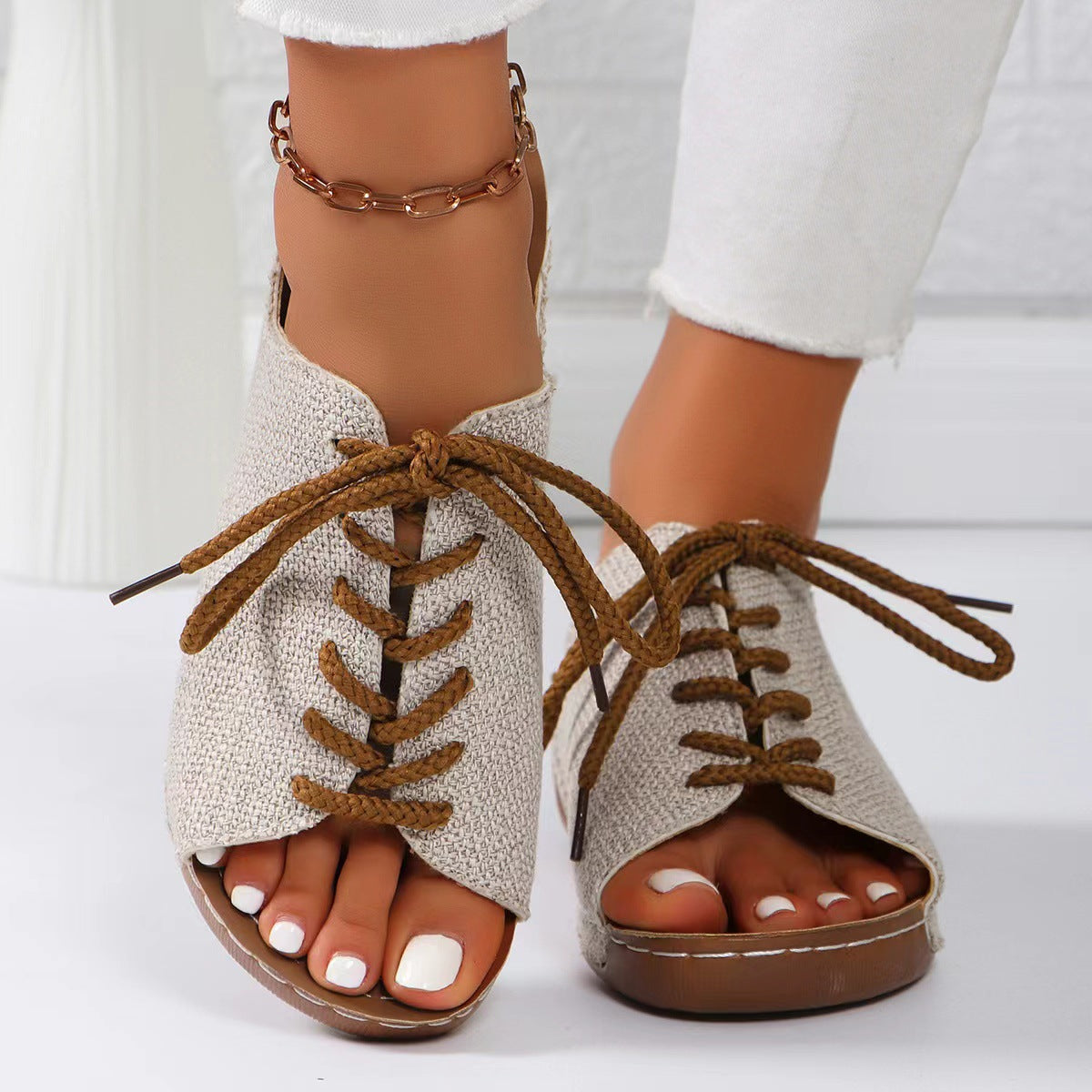 Lace-Up Open Toe Wedge Sandals-Teresa&#39;s Fashionista LLC