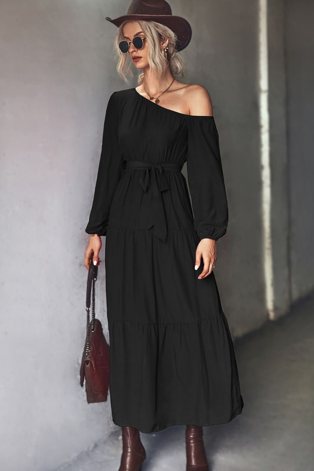 Belted One-Shoulder Tiered Maxi Dress-Teresa&#39;s Fashionista LLC