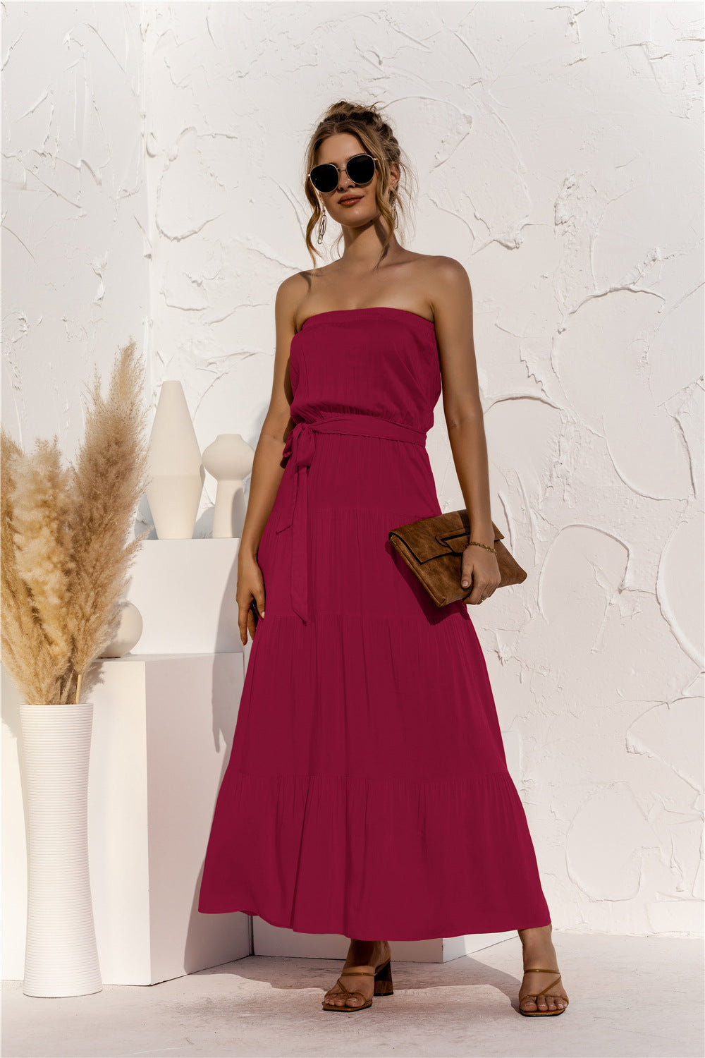 Strapless Tie Waist Tiered Maxi Dress-Teresa&#39;s Fashionista LLC