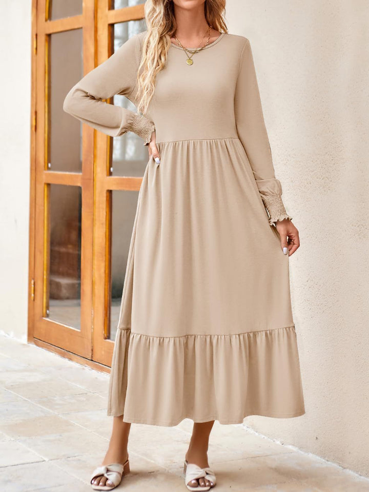 Round Neck Lantern Sleeve Ruffle Hem Dress-Teresa&#39;s Fashionista LLC